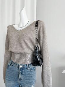 EMERY ROSE Women's Casual Button Decor Waist Fitted Sweater, Autumn - Grey - View 6