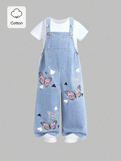 Elladie kids 少女可爱卡通蝴蝶印花牛仔背带裤，夏季休闲时尚