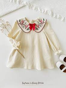 Cozy Pixies Baby Girl Floral Print Ruffle Collar Long Sleeve Cinched Waist Dress Fall Winter Cream Baby Girl Dress Baby Vintage Dress Beige Dresses For Baby Girls Baby Winter Dress Beige Toddler Dress