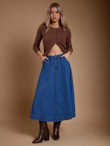 WESTFADE High Waist Western Seamed Cotton Blend Denim A Line Midi Skirt Fall, Autumn, Winter - Medium Wash - View 4