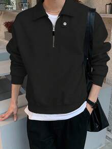 DAZY 男士纯色 Polo 领可调节纽扣套头卫衣，秋冬商务正装四分之一拉链款