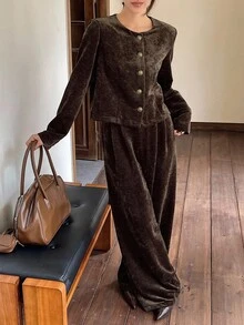 DAZY 2 件套女士秋冬灯芯绒宽松商务休闲办公室服装，金属扣装饰开衫衬衫和直筒裤套装 - 棕色 - 查看 4