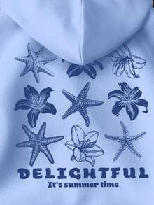 Attitoon Casual Minimalist Blue Printed Pattern Hooded Long Sleeve Loose Fit Women Sweatshirt, Fall/Winter - Baby Blue - View 5