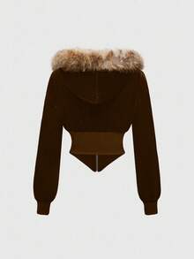 ROMWE J-Fashion 女式天鹅绒 Y2K 水钻拼布连帽领不对称下摆长袖上衣和喇叭裤 2 件套 - 咖啡棕 - 查看 8