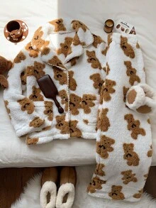 Comfortcana 2pcs Women Casual Bear Print Jacket And Pants Set, Autumn/Winter Fluffy Pajamas