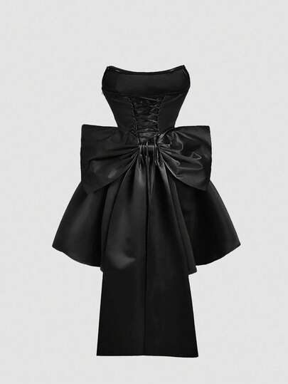 SHEIN MOD Satin Fitted Bandeau Bow Decor Mini Dress
