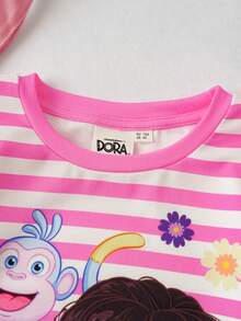 DORA | SHEIN Young Girl Cartoon Monkey, Flower, Striped Pattern Round Neck Long Sleeve Knit Pink & White T-Shirt - Multicolor - View 5