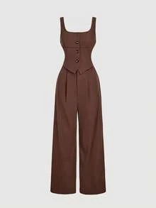 SHEIN MOD Women's Solid Color Minimalist Sleeveless Brown Contrast Trim Jumpsuit,Fall/Winter,Thanksgiving ,Women's Halloween Costume,Vintage,Elegant, Luxury ,New Year,Brown Jumpsuit,Office,Work,Old Money