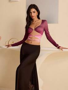 Bluhae Women's Digital Print Ombre Long Sleeve Hollow Metal Buckle Cropped Fitted Stylish Sexy T-Shirt, Spring/Autumn - Multicolor - View 4