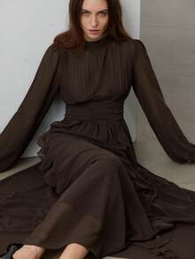 Aveloria Modichic Ruffled Hem Pleated Front Long Sleeve Dress, Elegant Style - Chocolate Brown - View 3