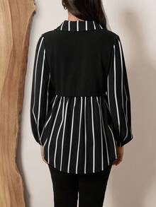 SHEIN LUNE 大码条纹拼布翻领长袖休闲衬衫度假装