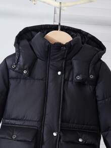 Genkimix Kids 年轻女孩冬季休闲日常通勤简约纯色翻盖口袋连帽长款棉服外套 - 黑色 - 查看 8