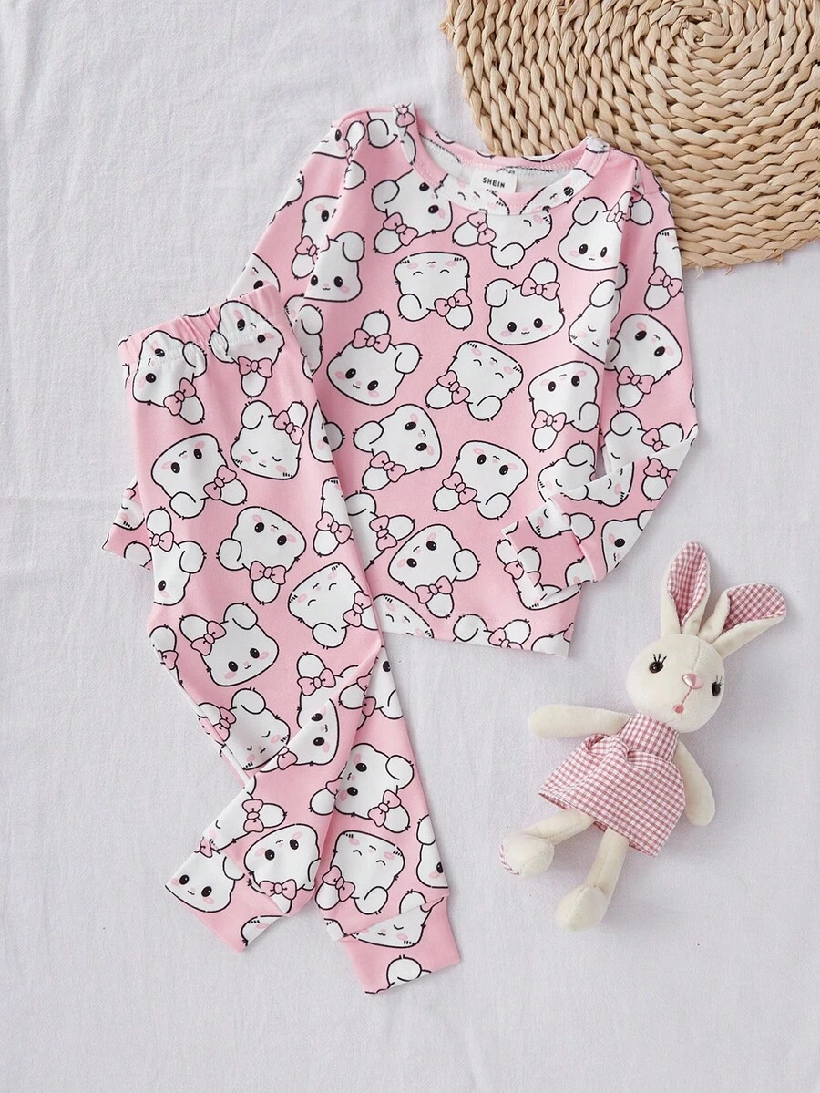 Baby Girls' Cute Cartoon Rabbit Element Snug Fit Pajama Set, Pink Tone ...
