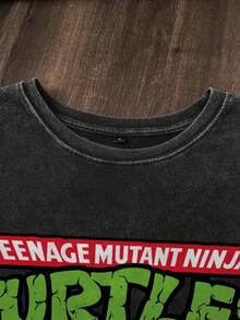 TEENAGE MUTANT NINJA TURTLES | SHEIN Men's Casual Fashionable Street Cartoon Turtle & Letter Print Washed Loose T-Shirt, Summer - White - View 4