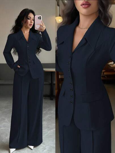 Elenzga Women's Apricot Thick Fabric V-Neck Blazer Design Black Contrast Button Fake Pocket Teacher Uniform Elegant Professional Outfit, Thanksgiving Halloween Atmosphere, Autumn New Arrival Fashion Essential High-End Formal Long Sleeve Waist Cinched Loose Straight Leg Pants Two Pieces Set