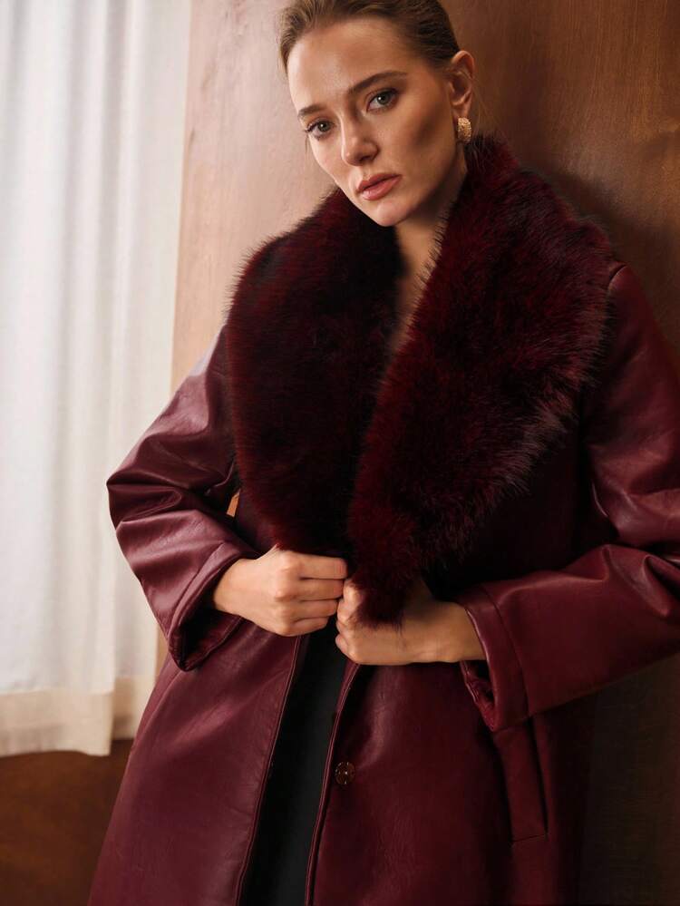 CONTRAST FAUX FUR WATERFALL COLLAR BELTED LONGLINE COAT