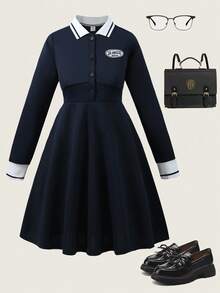 SHEIN Girls Casual Collared Waist Fit & Flare Embroidered Logo Dress, Suitable For Daily Casual Outings And School, Autumn - Navy Blue - View 1