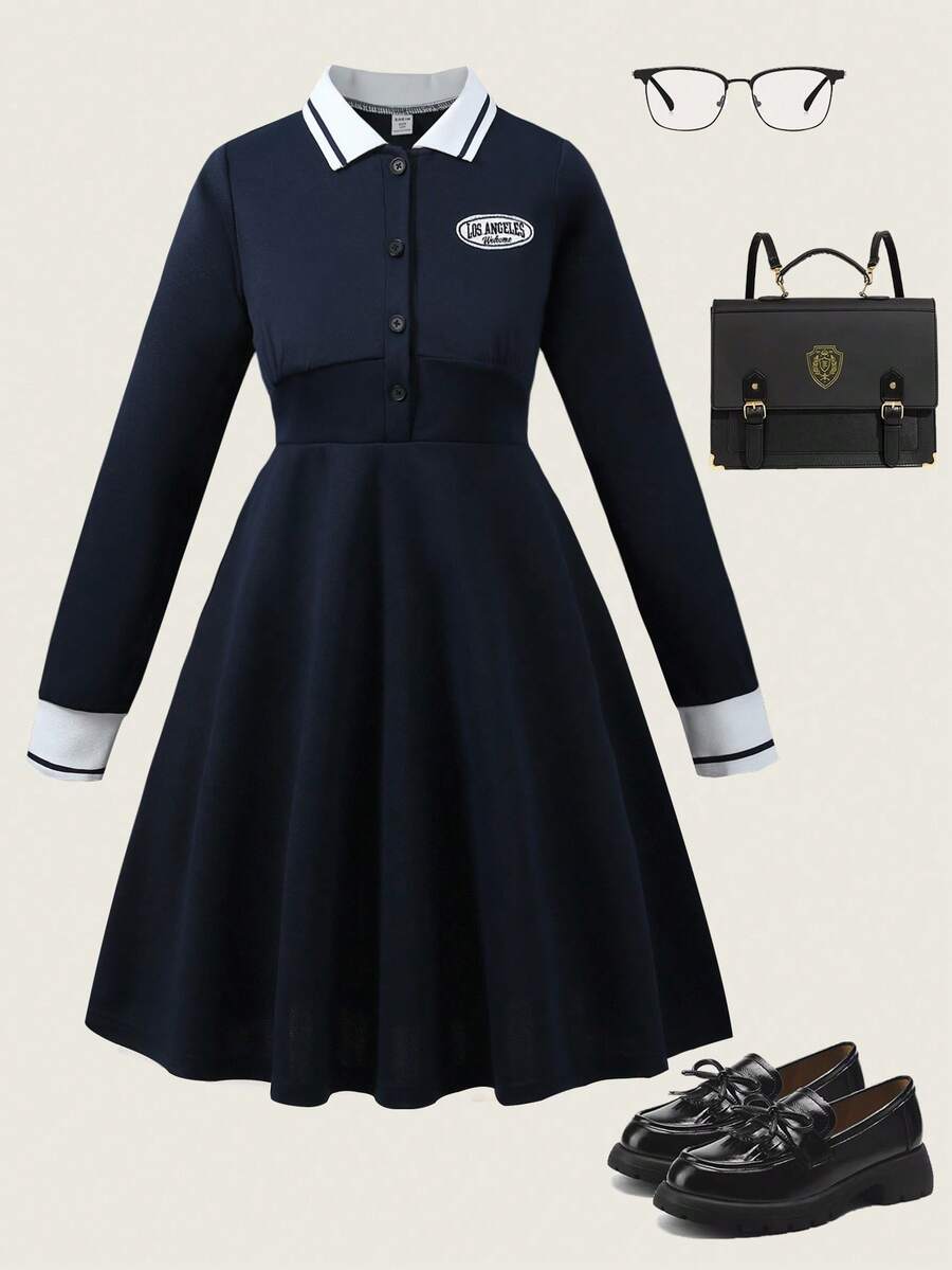 SHEIN Girls Casual Collared Waist Fit & Flare Embroidered Logo Dress, Suitable For Daily Casual Outings And School, Autumn - Navy Blue - View 1