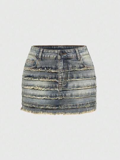 Grunge Punk Minifalda de mezclilla con lavado desgastado, parches y capas múltiples (con mallas elásticas) estilo Y2K