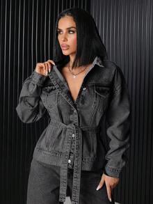 EURMUSE Flap Pocket Button Front Denim Jacket - Light Grey - View 8