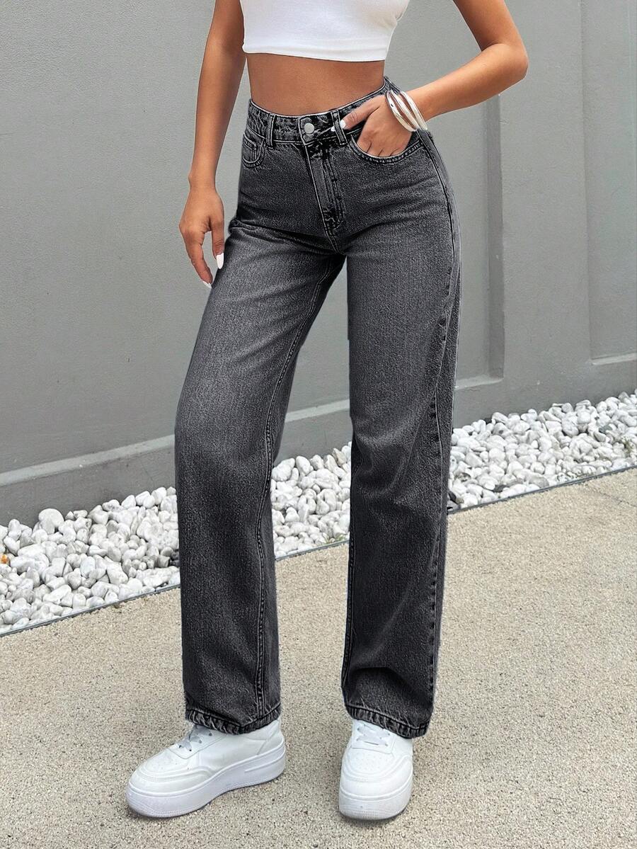 SHEIN Cottnline HIGH RISE STRAIGHT CUT LIGHT BLUE JEAN TALL ,Petite Women - Light Grey - View 1