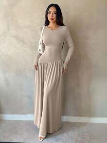 SHEIN PETITE Váy dài tay viền bèo nhún thanh lịch cho mùa xuân và mùa thu - Cà phê - Xem 1