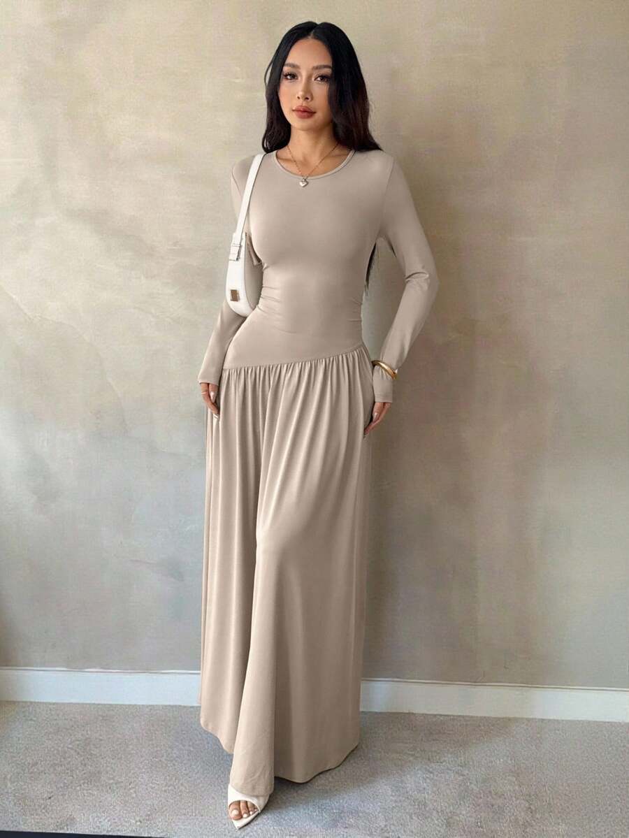 SHEIN PETITE Váy dài tay viền bèo nhún thanh lịch cho mùa xuân và mùa thu - Cà phê - Xem 1