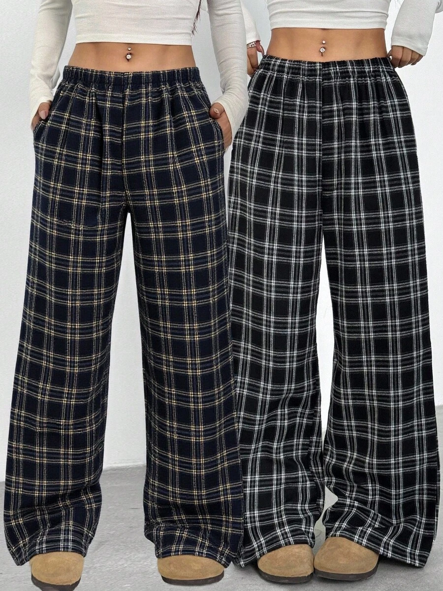 Sparklyn 2 件套青少年女孩休闲百搭格子宽松裤，适合学校、日常和街头穿着 - 黃色 - 查看 1