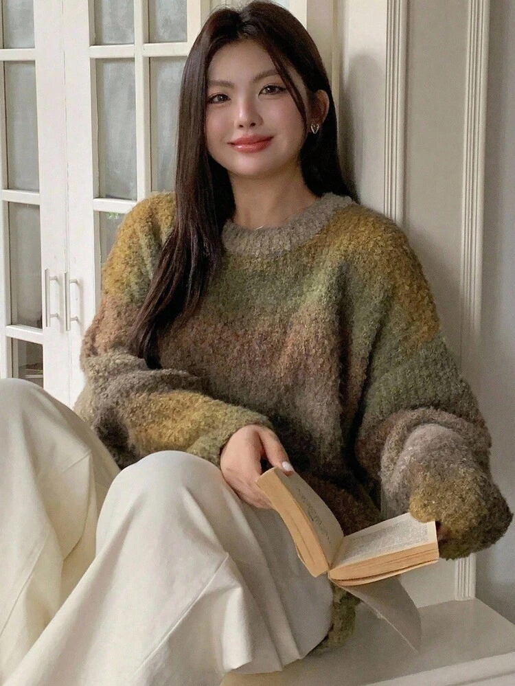 Dazy Plus Plus Size Loose Fit Thick Ombre Striped Crew Neck Pullover Sweater, Casual Street Style For Women, Autumn/Winter