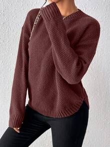 Women's Solid Color Round Neck Drop Shoulder Long Sleeve Casual Pullover Sweater, Autumn/Winter - Coffee Brown - View 3