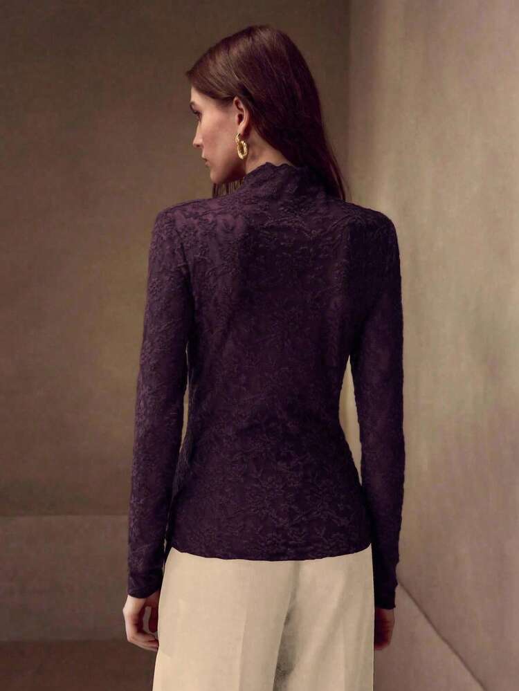 ELEGANT LACE LONG SLEEVE HIGH NECK SHEER CASUAL UNDERSHIRT FOR WOMEN