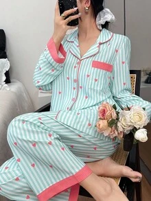 Dream Adore Striped Heart Patchwork Collar Top And Pants Pajama Set Flamingo Pajamas Striped Pajama Set Kawaii Pajamas Comfy Pajamas Set, Fall Winter Clothes - Mint Green - View 6