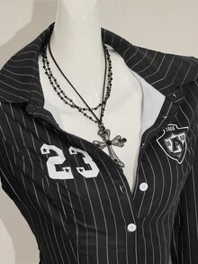 SHEIN ICON 女式黑白条纹长袖运动衫，数字印花短款衬衫，修身学院风夏季衬衫 - 黑色 - 查看 7