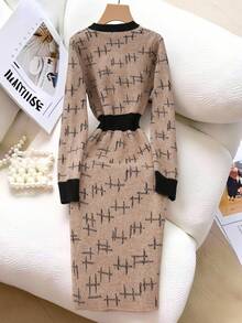 GlowEve Elegant Colorblock Round Neck Waist Fitted Bodycon Sweater Dress, Fashionable Minimalist Comfortable Fitted Women Autumn/Winter Outfit - Khaki - View 2