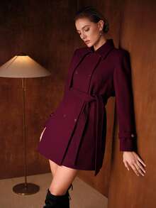 MOTF PREMIUM WOOL ELEGANT DOUBLE BREASTED PLACKET BELTED OVERCOAT, AUTUMN/WINTER - Burgundy - View 5