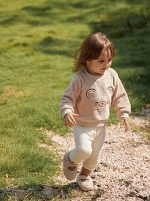 Vintaside Kids 女婴可爱小熊刺绣蓬松圆领长袖上衣和针织打底裤套装，适合外出、居家、休闲、聚会等各种场合，秋冬季 - 彩色 - 查看 5