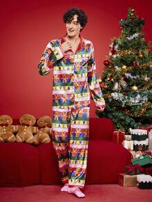 Notgurli Men's Cartoon Print Button-Up Top & Pants Loungewear Set, Fall Clothes, Christmas - Multicolor - View 3