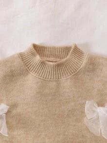 Genkimix Kids 新款时尚韩版女童毛衣，甜美蝴蝶结装饰圆领针织套头衫，秋冬 - 杏色 - 查看 2