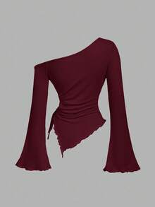 SHEIN MOD 女式纯色不对称下摆侧系带斜肩长袖时尚T恤 - 酒紅色 - 查看 6