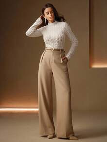 Anewsta Elegante blusa de gola alta com renda flocada para mulheres, top de alta qualidade para outono/inverno