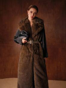 MOTF PREMIUM AUTUMN/WINTER FAUX FUR LAPEL LONG COAT WITH BUCKLE BELT