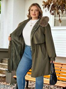 SHEIN CURVE+ Plus Size Women Casual Army Green Winter Parka,Hiking Long Padded Coat With Fur Hood,Lined,Drawstring Waist,Pockets,Ribbed Cuffs,Winter Jacket,8xl - Army Green - View 10