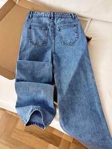 Comfortcana 女式水钻装饰口袋宽腿宽松休闲牛仔裤 - 中等水洗藍 - 查看 2