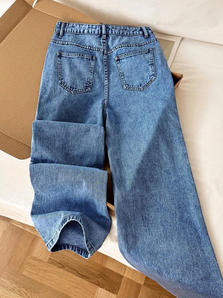 Comfortcana 女式水钻装饰口袋宽腿宽松休闲牛仔裤 - 中等水洗藍 - 查看 2