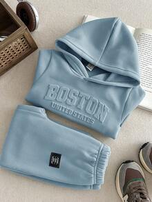 2pcs/Set Young Boy Casual Korean Style Loose Fit Letter Graphic Hoodie Sweatshirt And Elastic Waist Pants Set, Suitable For Autumn, Spring, Outdoor Play, School, Street Style, Party And Leisure,Thanksgiving,Christmas,Winter,Winter Clothes,Cozy Fall & Winter Styles,Hoodie - Baby Blue - View 6