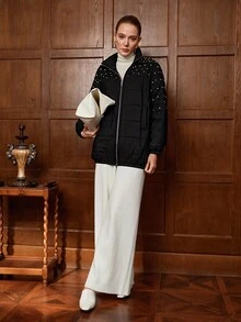 SHEIN LUNE 女式休闲纯色肩部设计水钻装饰高领长袖棉服外套，秋冬 - 黑色 - 查看 4