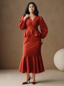 Anewsta Plus Size Women's Rust Orange V-Neck Ruffle Hem Midi Dress,Autumn Elegant Wedding Guest Party Gown,Chic Stylish Casual Cozy Christmas New Year Outfit - Rust Brown - View 4