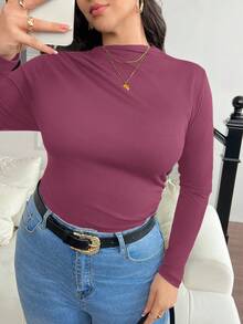 SHEIN Frenchy Camiseta ajustada con cuello alto y fruncido para tallas grandes - Rojo violeta - Ver 3