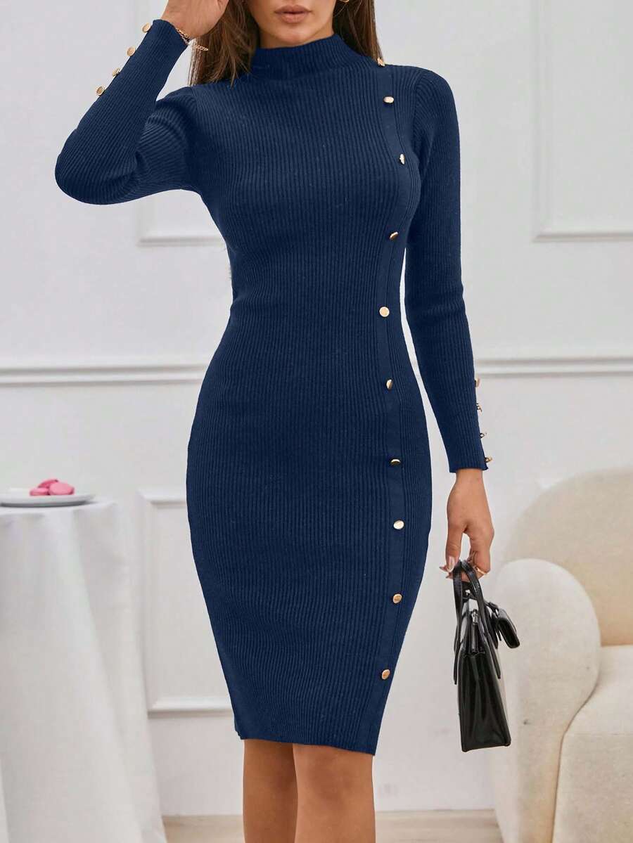 EURMUSE Vestido de suéter con cuello alto y botones delanteros sin cinturón - Azul Marino - Ver 1