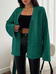 SHEIN Áo khoác cardigan dệt kim dài tay trễ vai màu trơn dành cho nữ, mùa thu - Màu xanh lá cây đậm - Xem 6